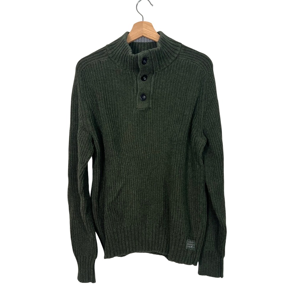 American Eagle Mens Olive Green Mock Neck Button Shaker Stitch Cotton Sweater L